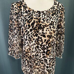 Kim & Cami Los Angeles Leopard Print Blouse L Sheer Flutter Sleeve Animal Print